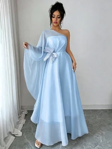 Elenzga Light Blue Summer Elegant Dining Lightweight Sheer Asymmetric Shoulder Cape Dress,3D Floral A-Line Maxi Gown,Double-Layer Mesh Strapless For Wedding - Blue - View 4