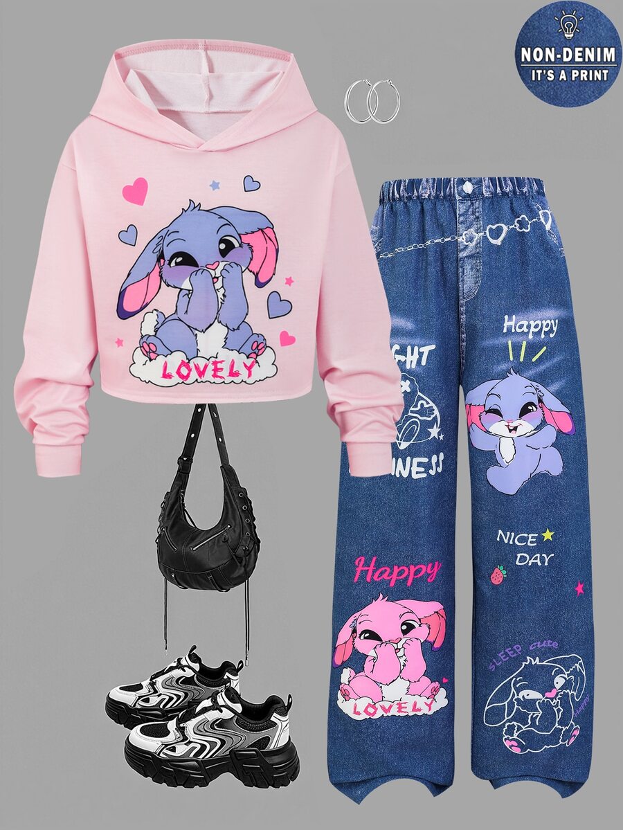 SHEIN Sparklyn 青少年女孩秋季套裝 2件/組 圓領休閒百搭日常塗鴉圖案連帽短版衛衣 + 牛仔風塗鴉寬鬆...