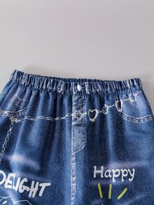SHEIN Sparklyn 青少年女孩秋季套裝 2件/組 圓領休閒百搭日常塗鴉圖案連帽短版衛衣 + 牛仔風塗鴉寬鬆... - 彩色 - 查看 8