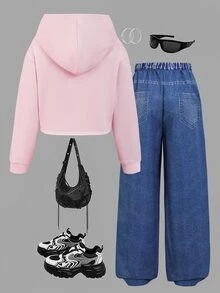 SHEIN Sparklyn 青少年女孩秋季套裝 2件/組 圓領休閒百搭日常塗鴉圖案連帽短版衛衣 + 牛仔風塗鴉寬鬆... - 彩色 - 查看 3