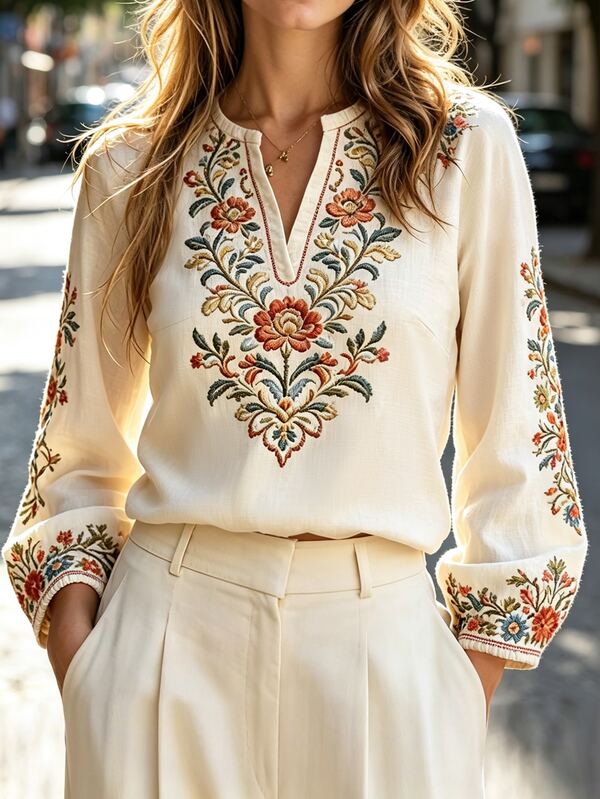 Selianne Women's Floral Print Notch V-Neck Long Sleeve Casual Shirt