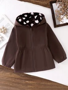 SHEIN 1件女童2025冬季新款復古棕色花卉抓絨內裡拉鍊連帽外套，彈性腰部設計，百搭時尚防寒夾克，適合戶外與通勤 - 棕色 - 查看 3