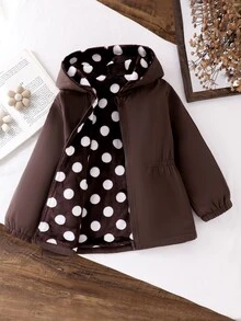 SHEIN 1件女童2025冬季新款復古棕色花卉抓絨內裡拉鍊連帽外套，彈性腰部設計，百搭時尚防寒夾克，適合戶外與通勤 - 棕色 - 查看 6