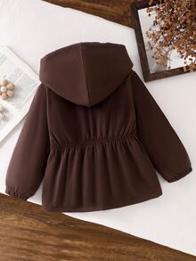 SHEIN 1件女童2025冬季新款復古棕色花卉抓絨內裡拉鍊連帽外套，彈性腰部設計，百搭時尚防寒夾克，適合戶外與通勤 - 棕色 - 查看 2