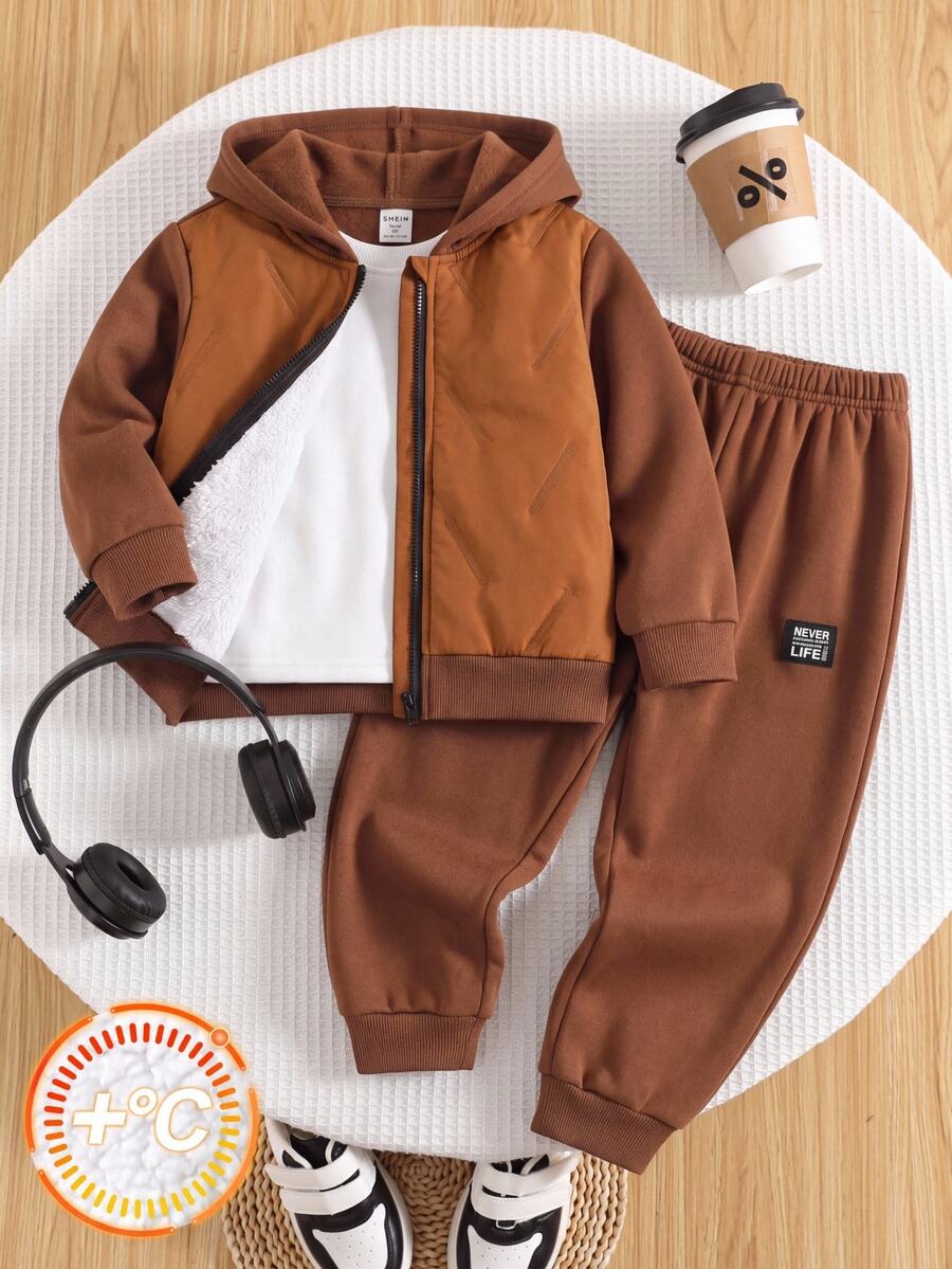 SHEIN Young Boy Zip Up Kids Thermal Lined Zip Up Winter Hoodie & Sweatpants - Multicolor - View 1