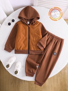SHEIN Young Boy Zip Up Kids Thermal Lined Zip Up Winter Hoodie & Sweatpants - Multicolor - View 7