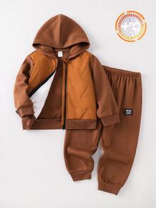 SHEIN Young Boy Zip Up Kids Thermal Lined Zip Up Winter Hoodie & Sweatpants - Multicolor - View 5
