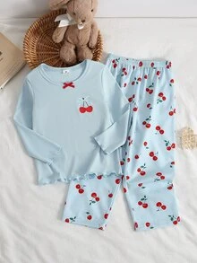 SHEIN Young Girl Light Blue Ribbed Cherry Print Long Sleeve Top And Pants Set Loungewear - Blue - View 8