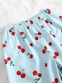 SHEIN Young Girl Light Blue Ribbed Cherry Print Long Sleeve Top And Pants Set Loungewear - Blue - View 6