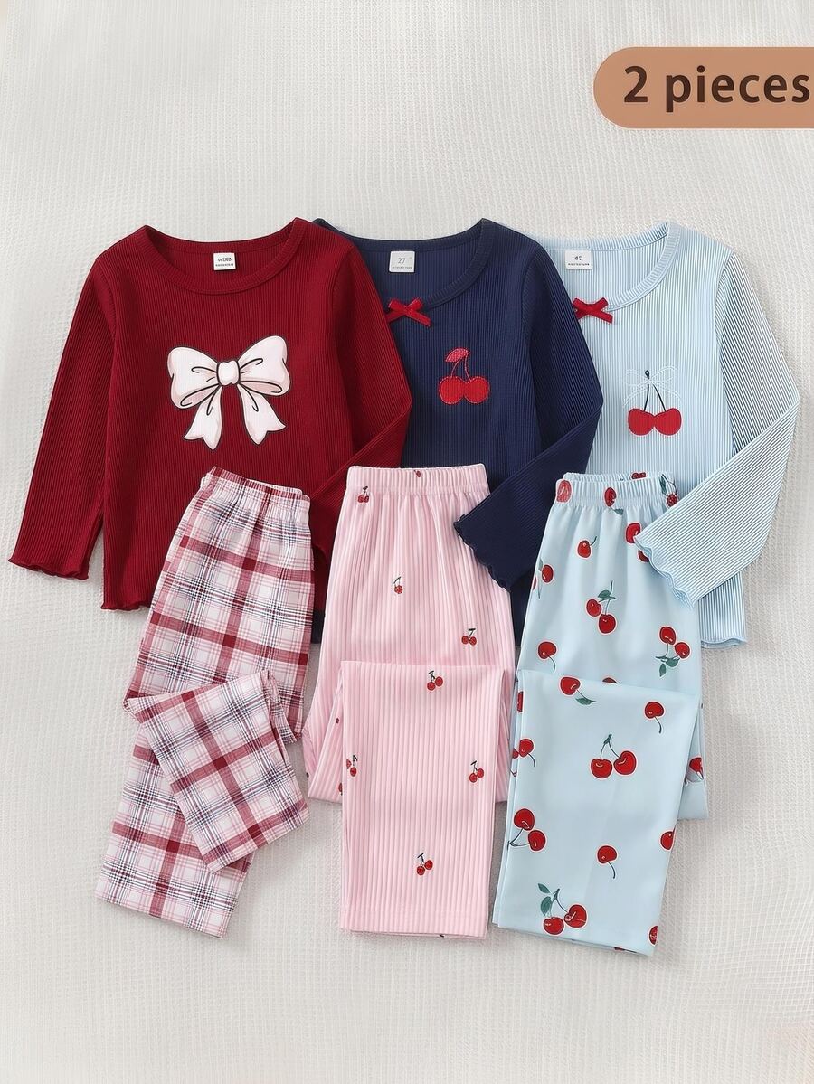 SHEIN Young Girl Light Blue Ribbed Cherry Print Long Sleeve Top And Pants Set Loungewear - Blue - View 1