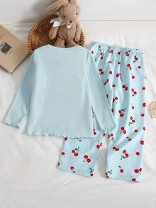 SHEIN Young Girl Light Blue Ribbed Cherry Print Long Sleeve Top And Pants Set Loungewear - Blue - View 4