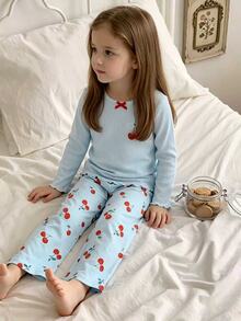 SHEIN Young Girl Light Blue Ribbed Cherry Print Long Sleeve Top And Pants Set Loungewear - Blue - View 7