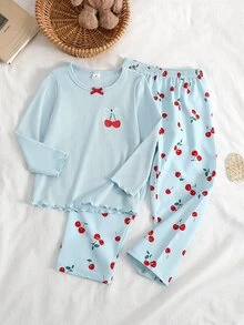 SHEIN Young Girl Light Blue Ribbed Cherry Print Long Sleeve Top And Pants Set Loungewear - Blue - View 3