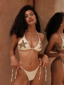 Swim Chiccia Spring Break Women's Starfish Rhinestone Decor Halter Top And Side-Tie Bottoms 2-Pieces Sexy Bikini Set, Festival & Boho Style, Summer Beach Vacation - Beige - View 7