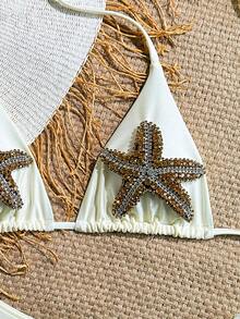 Swim Chiccia Spring Break Women's Starfish Rhinestone Decor Halter Top And Side-Tie Bottoms 2-Pieces Sexy Bikini Set, Festival & Boho Style, Summer Beach Vacation - Beige - View 5