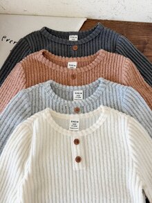 SHEIN 4pcs Baby Boy Baby Girl Autumn/Winter Casual Cute Versatile Solid Color Long Sleeve Tops Shirt Pack All-Match Tops Infant Tops - Multicolor - View 7
