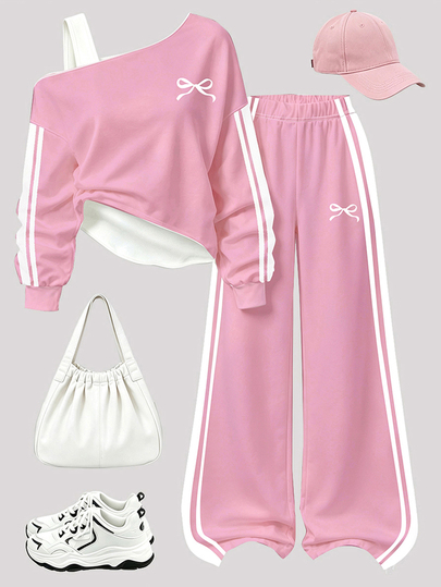 Set Sweatshirt & Celana Motif Pita Minimalis, Cocok Untuk Anak Perempuan Pakai Di Musim Gugur Dan Musim Dingin, Gaya Kasual Minimalis Nyaman Untuk Sehari-hari
