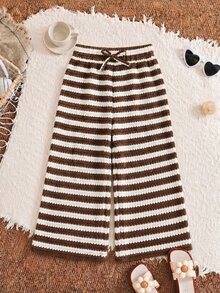 SHEIN LMoss Kids 女童針織條紋休閒寬鬆直筒長褲 夏季 - 黑與白 - 查看 1