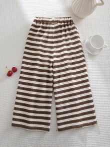 SHEIN LMoss Kids 女童針織條紋休閒寬鬆直筒長褲 夏季 - 黑與白 - 查看 4
