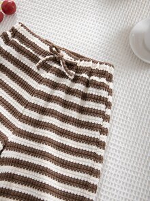 SHEIN LMoss Kids 女童針織條紋休閒寬鬆直筒長褲 夏季 - 黑與白 - 查看 5