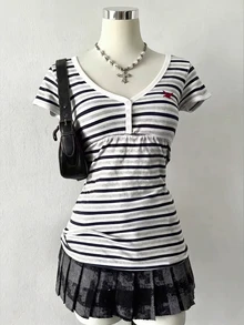 Lalippa Women's Striped V-Neck Short Sleeve Casual T-Shirt - Multicolor - View 1