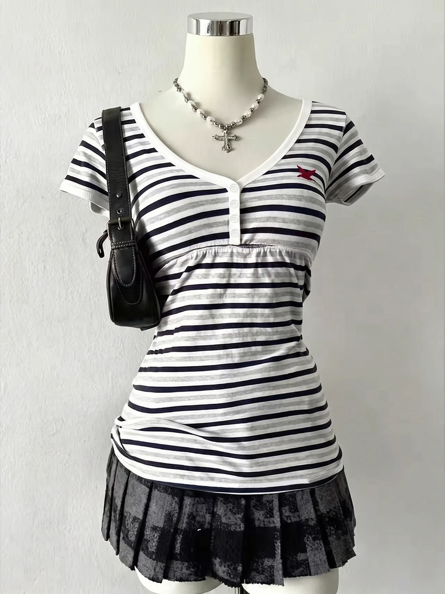 Lalippa Women's Striped V-Neck Short Sleeve Casual T-Shirt - Multicolor - View 1