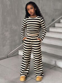 SHEIN 青少年女孩抓絨條紋時尚抓皺極簡休閒長袖褲裝套裝 秋冬穿搭 - 彩色 - 查看 6