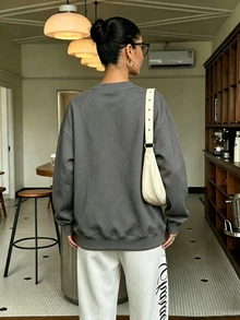DrmWander 時尚五角星印花圓領衛衣，大尺碼女款休閒反社交秋季長袖運動上衣，Vacation Club 灰色白色 - 彩色 - 查看 2
