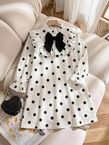 Emery Rose Kids Emery Rose Kids 女童可愛白色黑波點洋裝，荷葉領配蝴蝶結，白色洋裝黑色洋裝軟綿開學穿搭 - 白色 - 查看 2