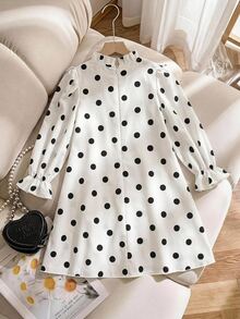Emery Rose Kids Emery Rose Kids 女童可愛白色黑波點洋裝，荷葉領配蝴蝶結，白色洋裝黑色洋裝軟綿開學穿搭 - 白色 - 查看 6
