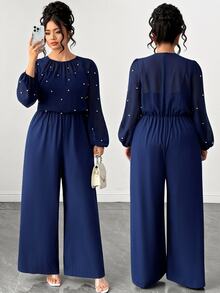 Elenzga Plus Size Elegant Round Neck Lantern Sleeve Chiffon Long Sleeve Pearl Decor Back Zipper Wide Leg Jumpsuit - Navy Blue - View 3