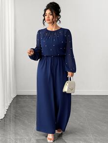 Elenzga Plus Size Elegant Round Neck Lantern Sleeve Chiffon Long Sleeve Pearl Decor Back Zipper Wide Leg Jumpsuit - Navy Blue - View 6