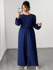 Elenzga Plus Size Elegant Round Neck Lantern Sleeve Chiffon Long Sleeve Pearl Decor Back Zipper Wide Leg Jumpsuit - Navy Blue - View 5