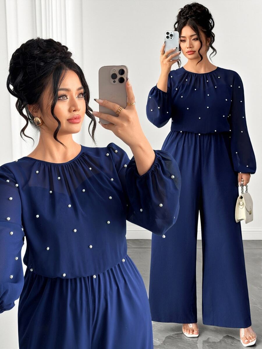 Elenzga Plus Size Elegant Round Neck Lantern Sleeve Chiffon Long Sleeve Pearl Decor Back Zipper Wide Leg Jumpsuit - Navy Blue - View 1