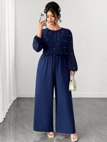 Elenzga Plus Size Elegant Round Neck Lantern Sleeve Chiffon Long Sleeve Pearl Decor Back Zipper Wide Leg Jumpsuit - Navy Blue - View 4