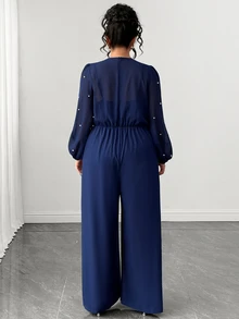 Elenzga Plus Size Elegant Round Neck Lantern Sleeve Chiffon Long Sleeve Pearl Decor Back Zipper Wide Leg Jumpsuit - Navy Blue - View 2