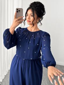 Elenzga Plus Size Elegant Round Neck Lantern Sleeve Chiffon Long Sleeve Pearl Decor Back Zipper Wide Leg Jumpsuit - Navy Blue - View 7