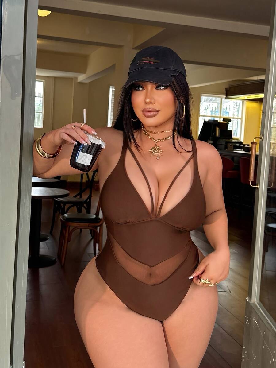 Swim SXY Plus Size Sexy Black Mesh Patchwork V-Neck One-Piece Swimsuit, Suitable For Beach And Vacation, Spring/Summer - Coffee Brown - View 1