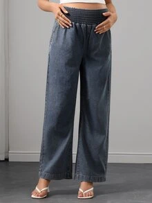 SHEIN Maternity Straight Leg Denim Jeans With Waist Support - Medium Wash - View 4