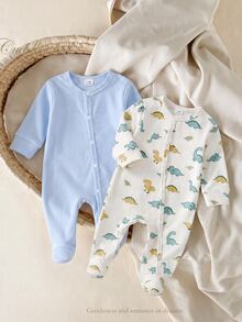 SHEIN 【隨機7件】新生兒寶寶居家連身衣，中性長袖按扣連身衣，恐龍大象小車卡通印花，柔軟親膚，適合所有人 - 彩色 - 查看 5