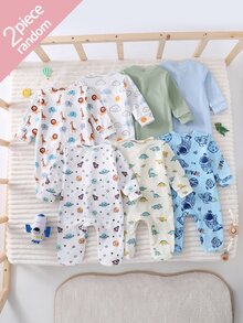 SHEIN 【隨機7件】新生兒寶寶居家連身衣，中性長袖按扣連身衣，恐龍大象小車卡通印花，柔軟親膚，適合所有人 - 彩色 - 查看 2