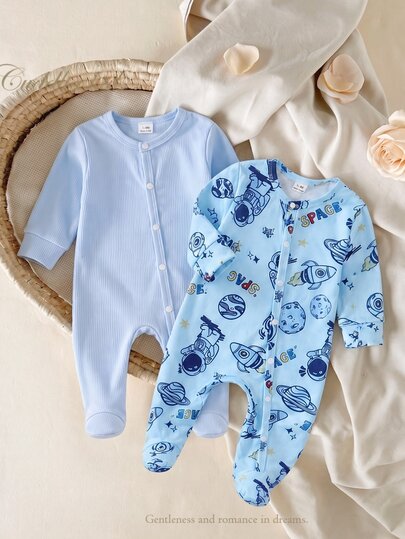 SHEIN [Random 7pcs, Send Newborn Baby Home Romper, Unisex Long Sleeve Snap Button Bodysuit, Dinosaur Elephant Car Cartoon Print, Soft Skin-Friendly For All