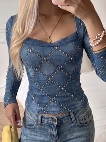 SHEIN Women's Elegant Denim Effect Diamond Studded Print Lace Square Neck Fitted Short Long Sleeve Top - Blue - View 4