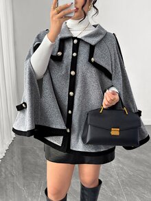 Elenzga Plus Size Women's Colorblock Wool Cape Coat - Grey - View 3