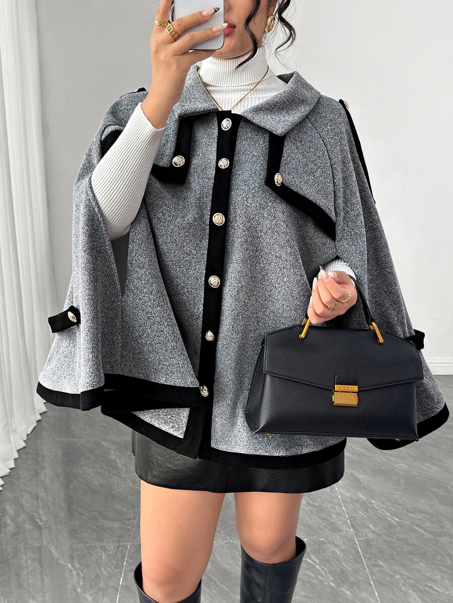 Elenzga Plus Size Women's Colorblock Wool Cape Coat - Grey - View 1