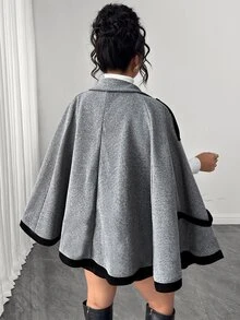 Elenzga Plus Size Women's Colorblock Wool Cape Coat - Grey - View 2