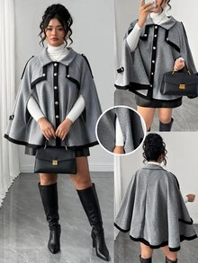 Elenzga Plus Size Women's Colorblock Wool Cape Coat - Grey - View 1