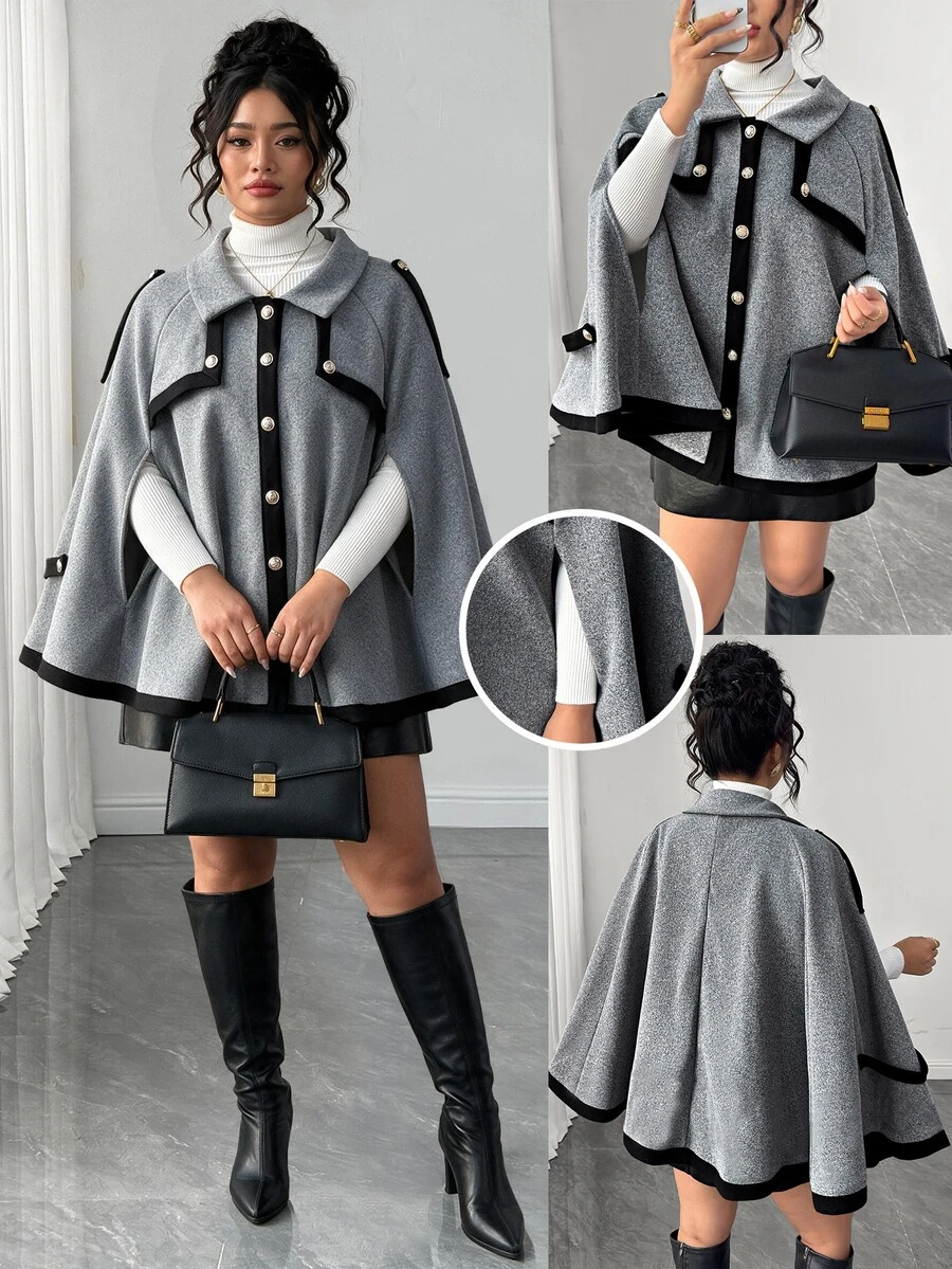 Elenzga Plus Size Women's Colorblock Wool Cape Coat - Grey - View 1