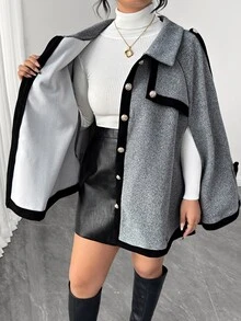 Elenzga Plus Size Women's Colorblock Wool Cape Coat - Grey - View 8