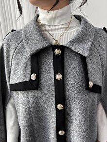Elenzga Plus Size Women's Colorblock Wool Cape Coat - Grey - View 7